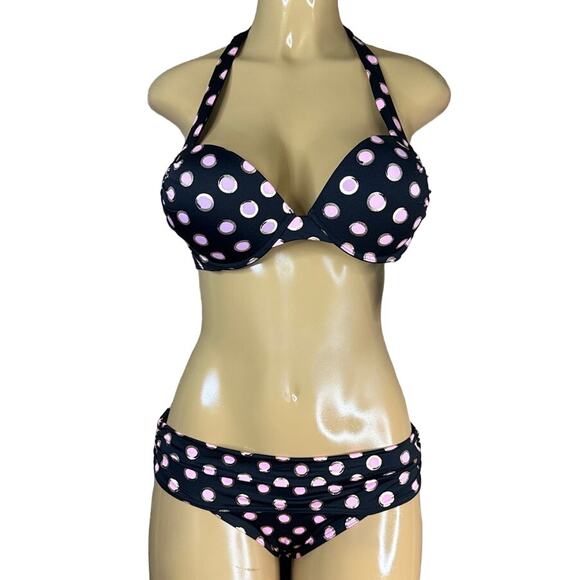 Victoria's Secret Miraculous Polka Dot Push Up Halter Bikini Top 34C Bottoms Med - Picture 1 of 15